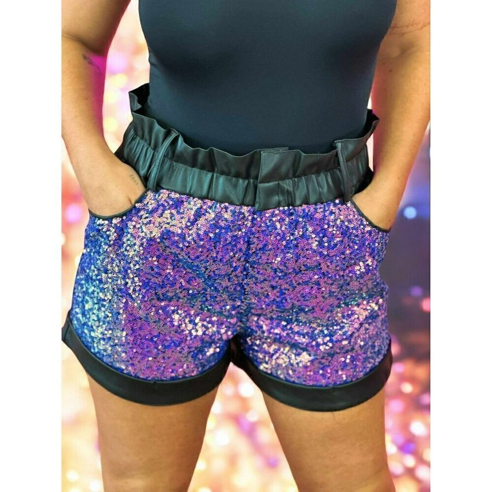 Stole The Show Vegan Leather Sequin Shorts in Black